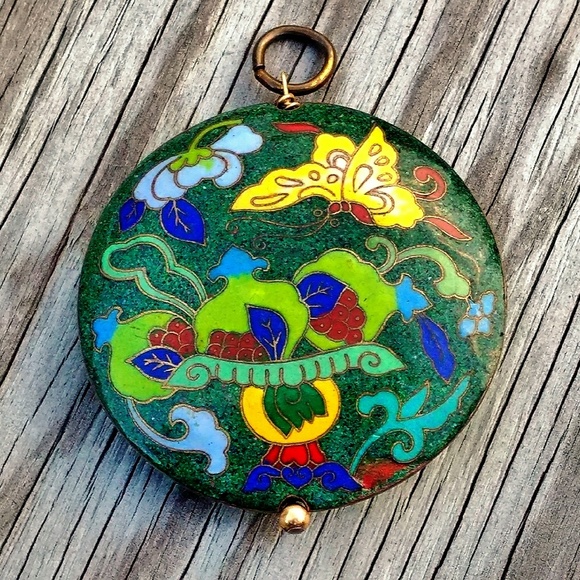 Vintage Jewelry - Vintage Cloisonne & Gold Oversized Floral Pendant